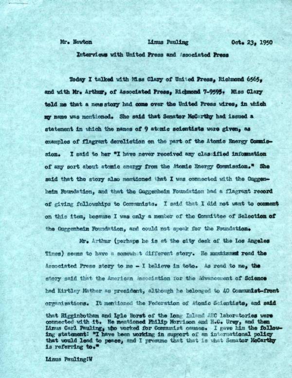 Memorandum from Linus Pauling to Charles Newton. Page 1. October 23, 1950