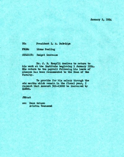 Letter from Linus Pauling to Lee DuBridge. Page 1. January 5, 1954