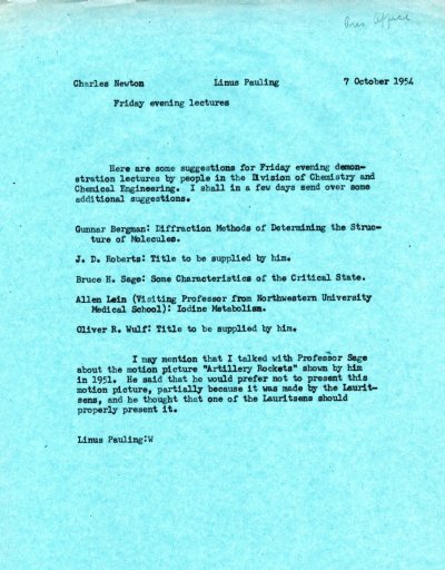 Memorandum from Linus Pauling to Charles Newton. Page 1. October 7, 1954