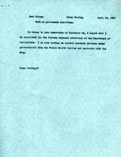 Memorandum from Linus Pauling to Earnest Watson. Page 1. September 28, 1950
