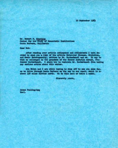 Letter from Linus Pauling to Robert M. Hutchins. Page 1. September 10, 1963