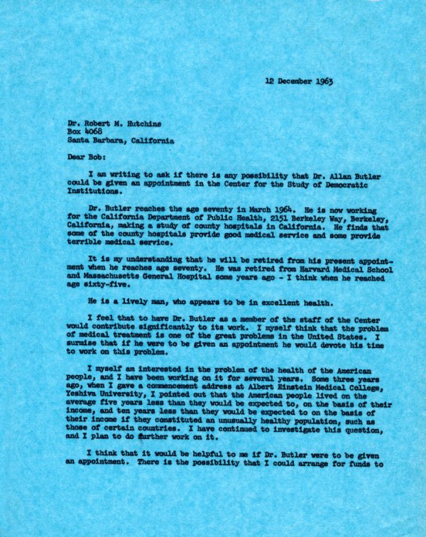 Letter from Linus Pauling to Robert M. Hutchins. Page 1. December 12, 1963