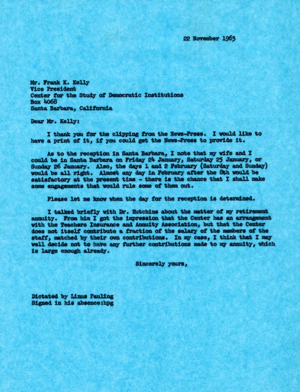 Letter from Linus Pauling to Frank K. Kelly. Page 1. November 22, 1963