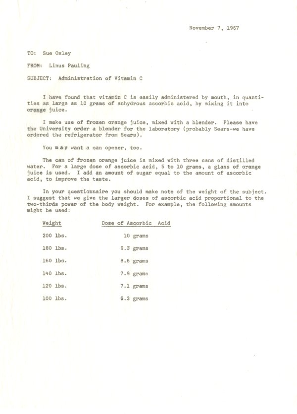 Memo from Linus Pauling to Sue Oxley. Page 1. November 7, 1967