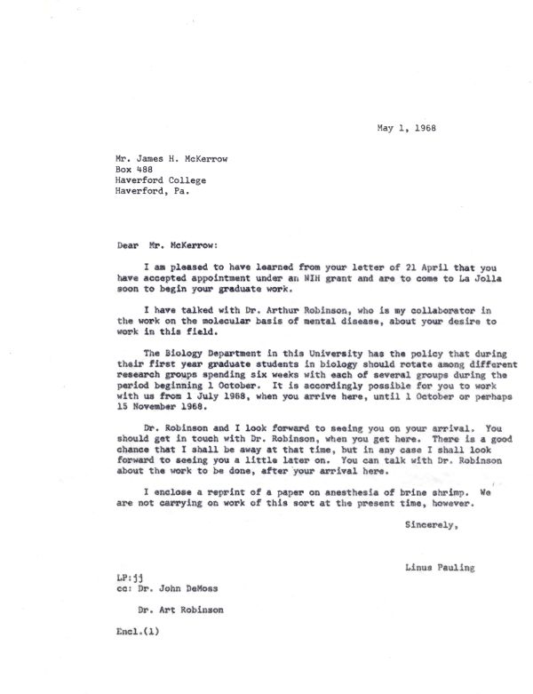 Letter from Linus Pauling to James H. McKerrow. Page 1. May 1, 1968