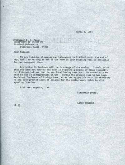 Letter from Linus Pauling to David M. Mason. Page 1. April 3, 1969