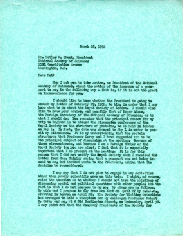 Letter from Linus Pauling to Detlev W. Bronk. Page 1. March 28, 1952