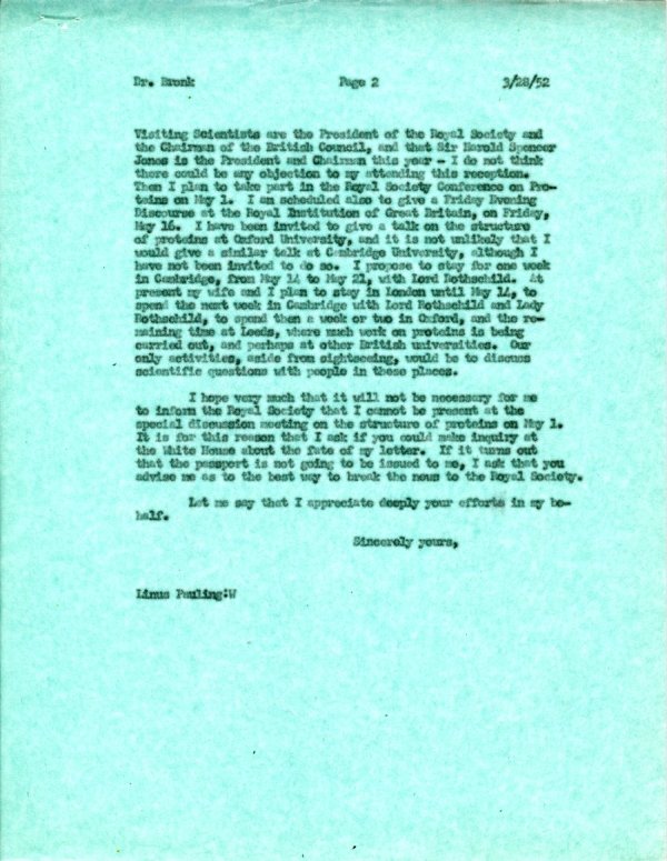 Letter from Linus Pauling to Detlev W. Bronk. Page 2. March 28, 1952