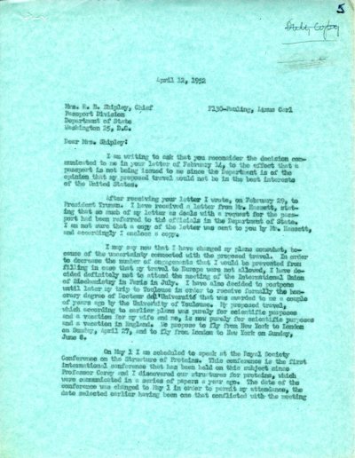 Letter from Linus Pauling to Ruth B. Shipley. Page 1. April 12, 1952