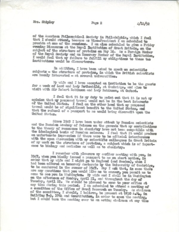 Letter from Linus Pauling to Ruth B. Shipley. Page 2. April 12, 1952