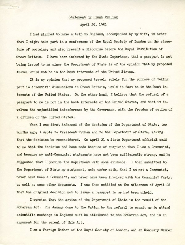 Statement by Linus Pauling. Page 1. April 29, 1952