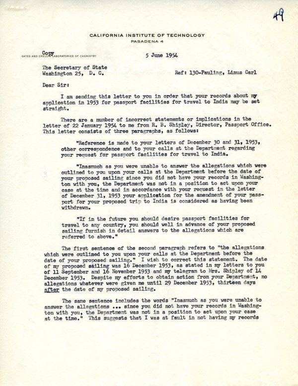 Letter from Linus Pauling to John Foster Dulles. Page 1. June 5, 1954
