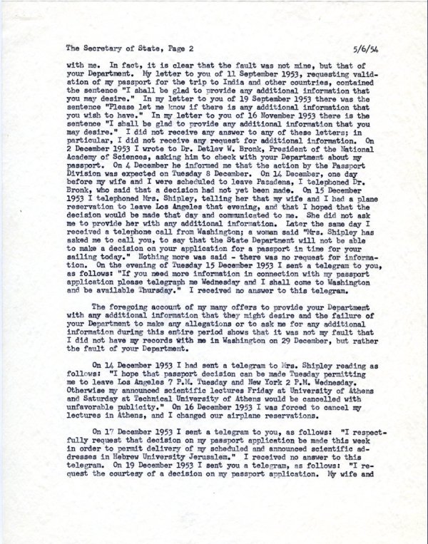 Letter from Linus Pauling to John Foster Dulles. Page 2. June 5, 1954