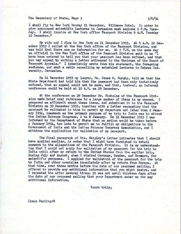 Letter from Linus Pauling to John Foster Dulles. Page 3. June 5, 1954