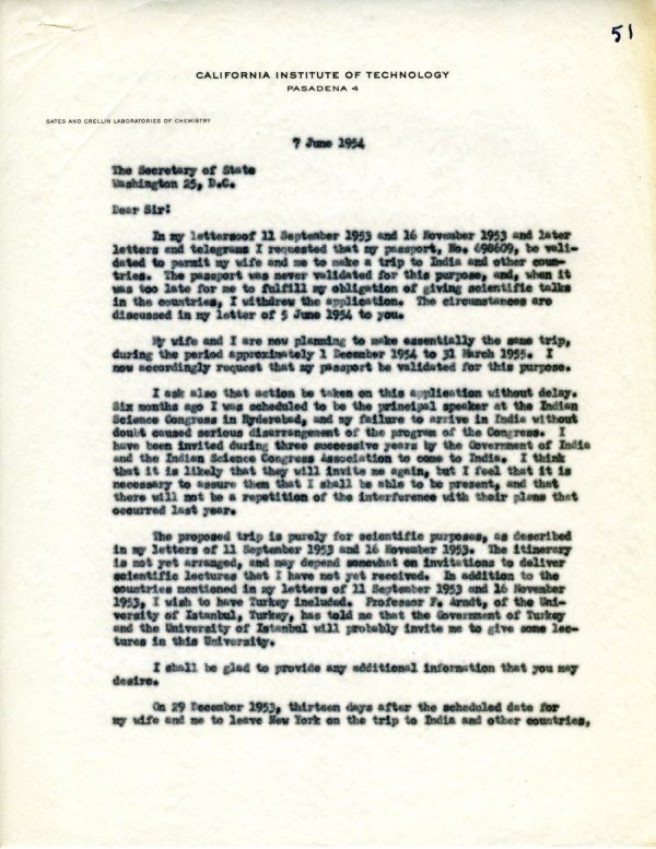 Letter from Linus Pauling to John Foster Dulles. Page 1. June 7, 1954