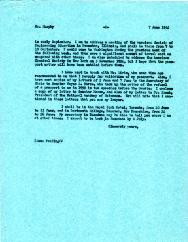 Letter from Linus Pauling to John Foster Dulles. Page 2. June 7, 1954