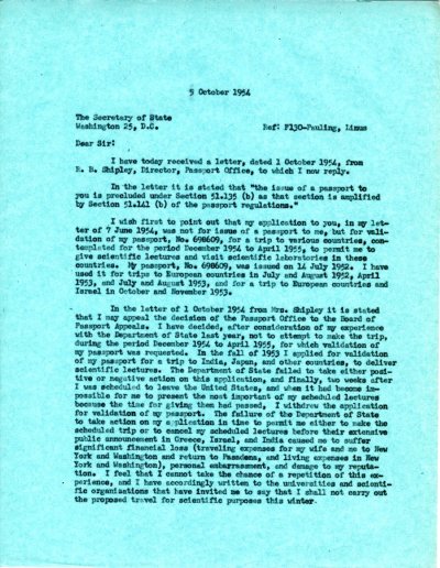 Letter from Linus Pauling to John Foster Dulles. Page 1. October 5, 1954