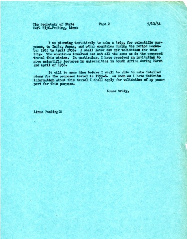 Letter from Linus Pauling to John Foster Dulles. Page 2. October 5, 1954