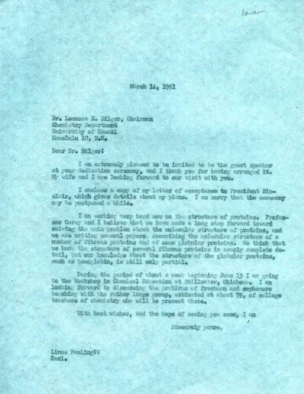 Letter from Linus Pauling to Leonora Bilger. Page 1. March 14, 1951