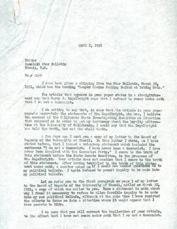 Letter from Linus Pauling to the Editor of the Honolulu Star-Bulletin. Page 1. April 2, 1951