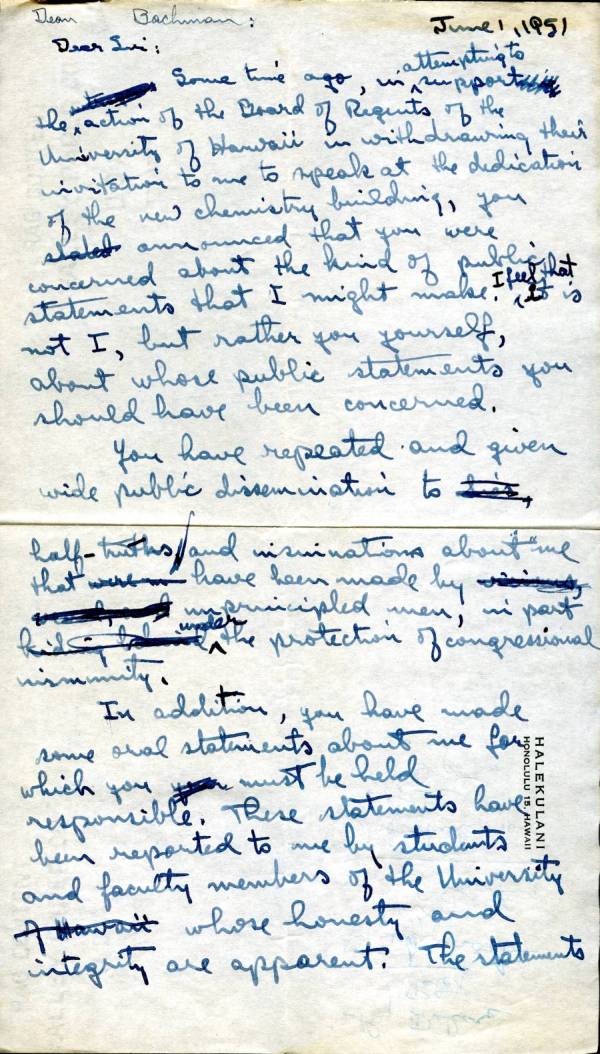 Letter from Linus Pauling to Paul Bachman. Page 1. June 1, 1951