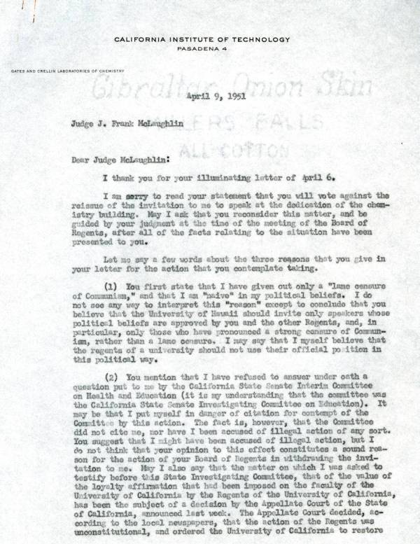 Letter from Linus Pauling to J. Frank McLaughlin. Page 1. April 9, 1951