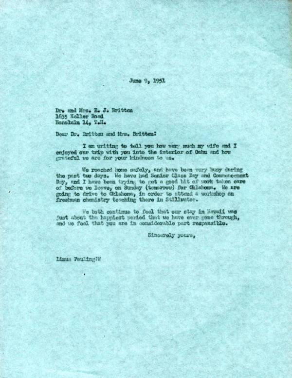 Letter from Linus Pauling to Dr. and Mrs. E.J. Britten. Page 1. June 9, 1951