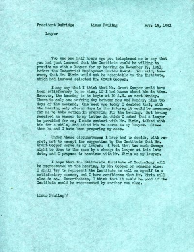 Memorandum from Linus Pauling to Lee DuBridge. Page 1. November 15, 1951