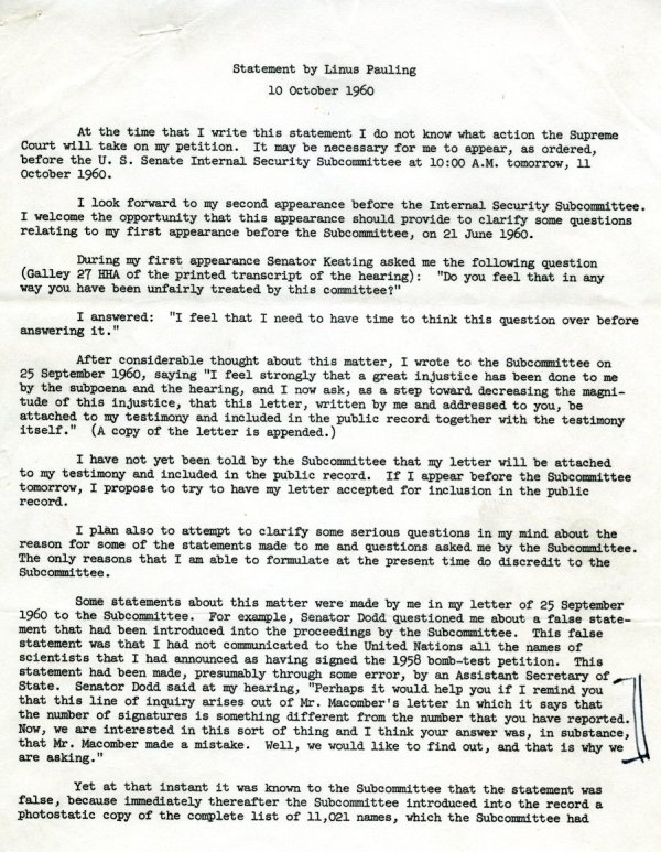 "Statement by Linus Pauling" Page 1. October 10, 1960