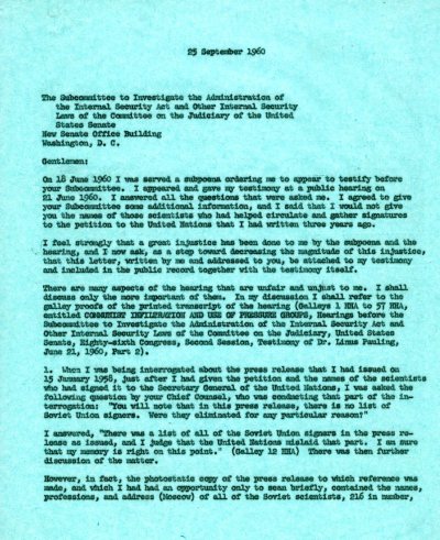 Letter from Linus Pauling to the Senate Internal Security Subcommittee. Page 1. September 25, 1960