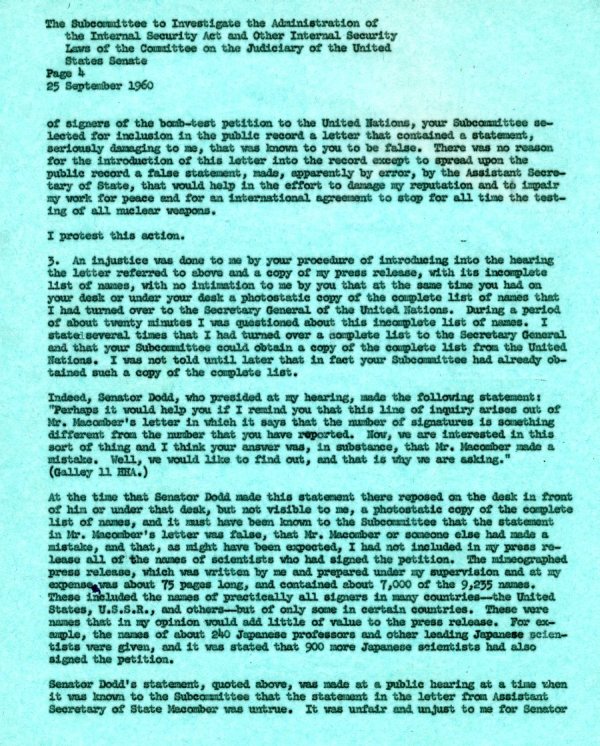 Letter from Linus Pauling to the Senate Internal Security Subcommittee. Page 4. September 25, 1960