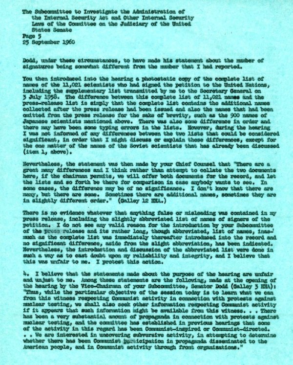 Letter from Linus Pauling to the Senate Internal Security Subcommittee. Page 5. September 25, 1960