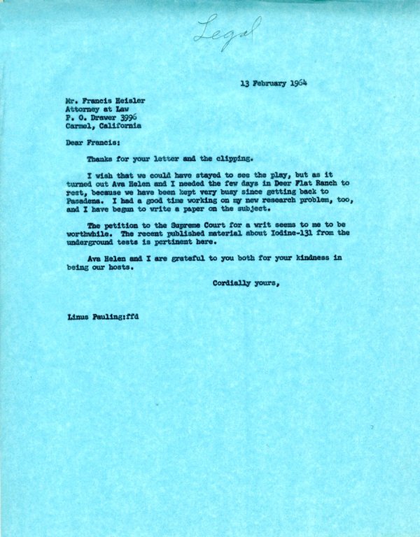 Letter from Linus Pauling to Francis Heisler. Page 1. February 13, 1964