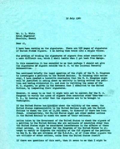 Letter from Linus Pauling to A.L. Wirin. Page 1. July 12, 1960