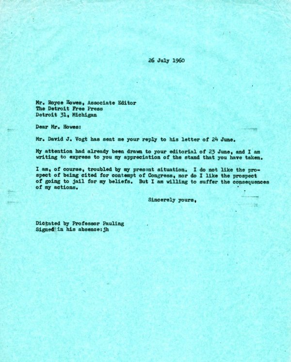 Letter from Linus Pauling to Royce Howes. Page 1. July 26, 1960