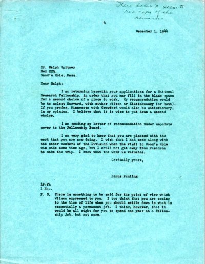 Letter from Linus Pauling to Ralph Spitzer. Page 1. December 1, 1943