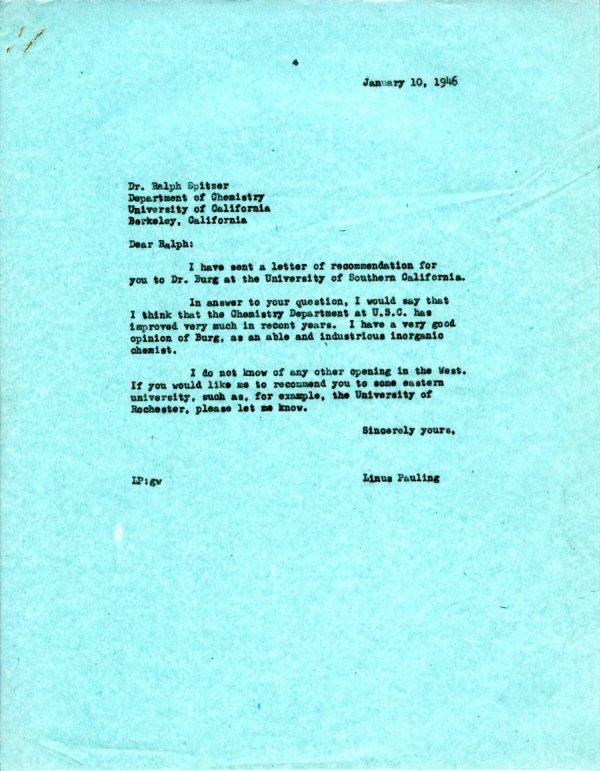Letter from Linus Pauling to Ralph Spitzer. Page 1. January 10, 1946