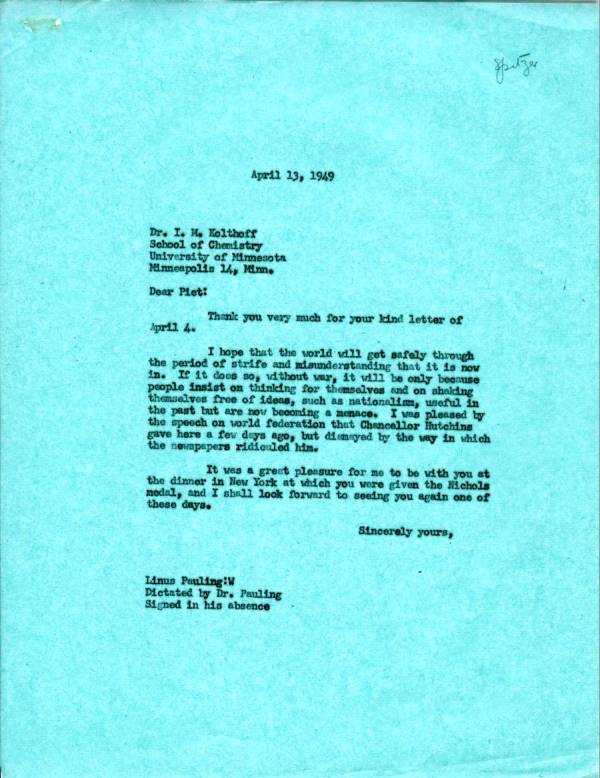 Letter from Linus Pauling to I.M. Kolthoff. Page 1. April 13, 1949