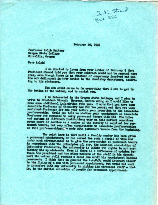 Letter from Linus Pauling to Ralph Spitzer. Page 1. February 16, 1949