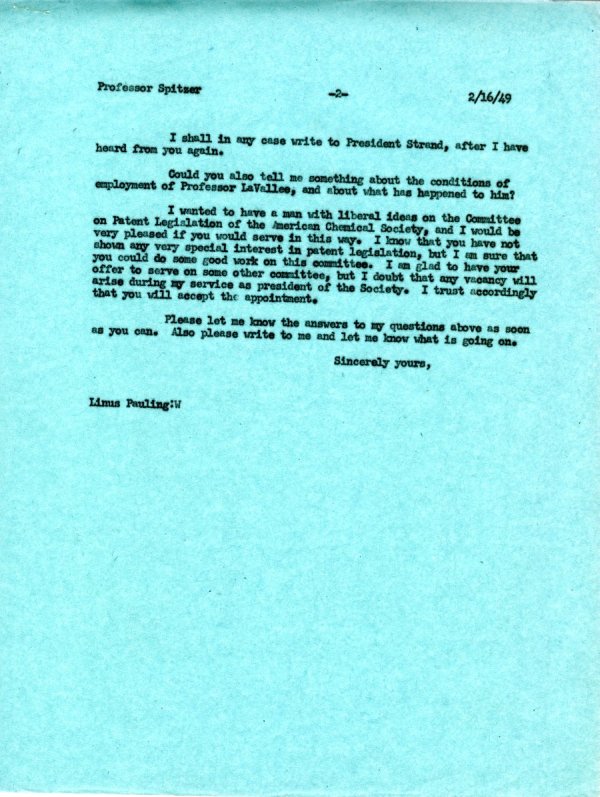 Letter from Linus Pauling to Ralph Spitzer. Page 2. February 16, 1949