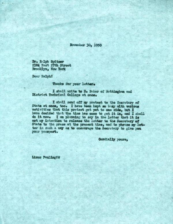 Letter from Linus Pauling to Ralph Spitzer. Page 1. November 30, 1950