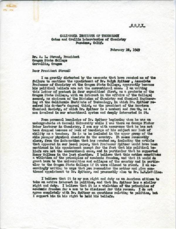 Letter from Linus Pauling to August Strand. Page 1. February 28, 1949
