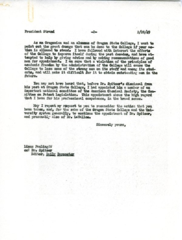 Letter from Linus Pauling to August Strand. Page 2. February 28, 1949