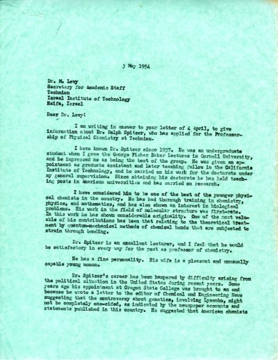 Letter from Linus Pauling to M. Levy. Page 1. May 3, 1954