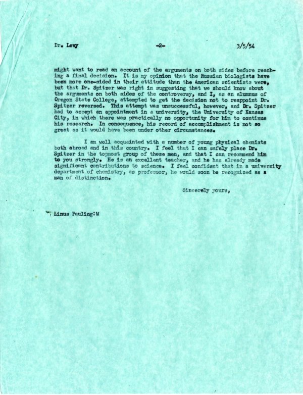 Letter from Linus Pauling to M. Levy. Page 2. May 3, 1954