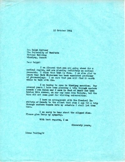 Letter from Linus Pauling to Ralph Spitzer. Page 1. October 25, 1954