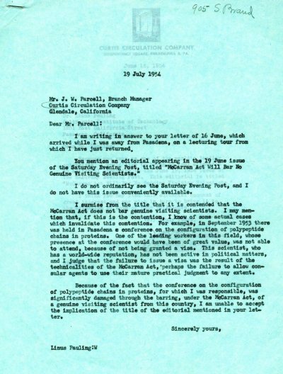 Letter from Linus Pauling to J.W. Parcell. Page 1. July 19, 1954