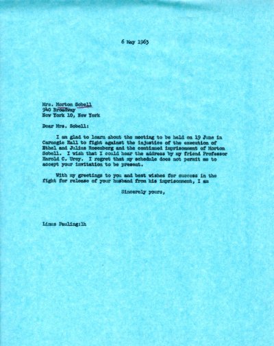 Letter from Linus Pauling to Mrs. Morton Sobell. Page 1. May 6, 1963