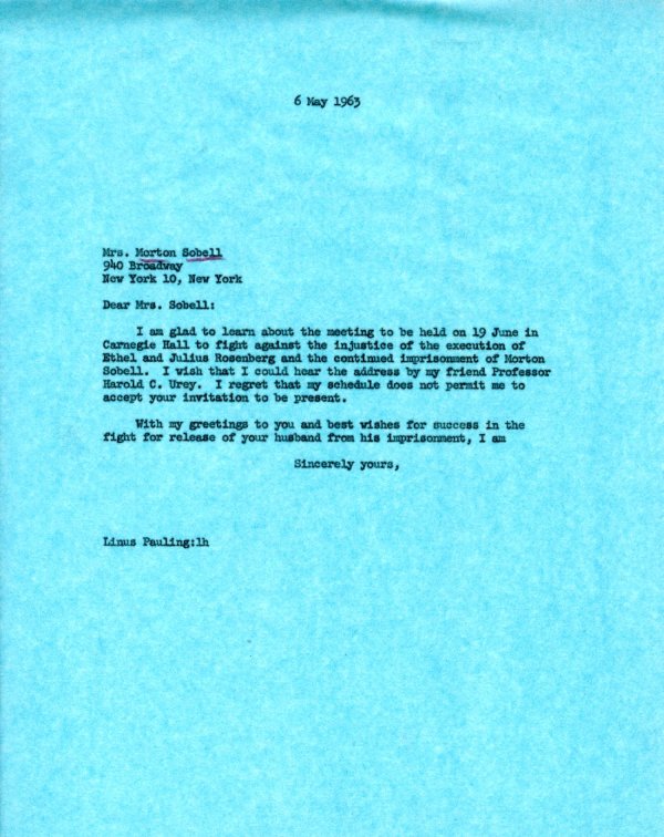 Letter from Linus Pauling to Mrs. Morton Sobell. Page 1. May 6, 1963