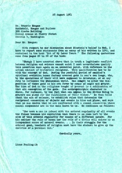Letter from Linus Pauling to Francis Hoague. Page 1. August 28, 1961